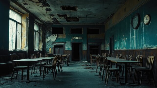 Abandoned cafe interior; desolate; decay; background; use stock
