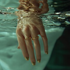 Underwater hand with rings, teal background.  Possible use Jewelry ad
