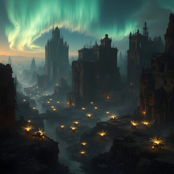  Dark fantasy cityscape with northern lights