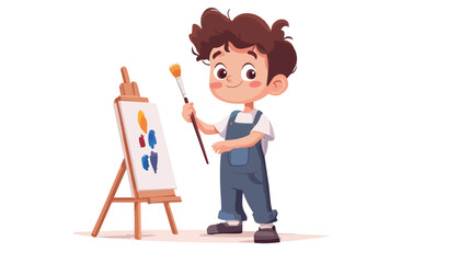 Young Boy Artist Holding Brush and Paint Color Flat Vector Illustration
