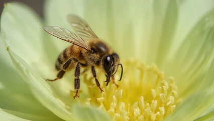 Detailed Macro View of a Honey Bee Foraging on a Vibrant Yellow Flower - Pollination and Nature Focus