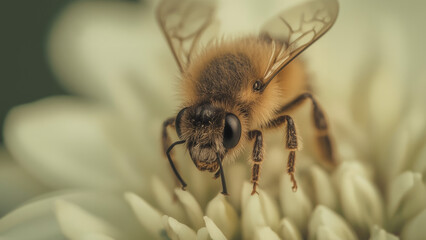 Highly Detailed Macro Shot of a Honey Bee on a White Flower - Insect Pollinator in Nature
