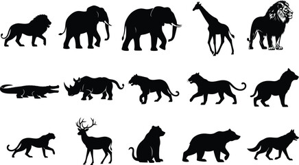 Naklejka premium Vector animal silhouettes vector set: lion, elephant, giraffe, bear, wolf, rhino, deer and more icons