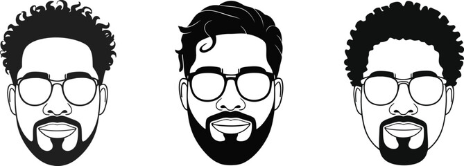 Vector three men faces illustration, diverse hairstyles and beards, wearing glasses, black and white art