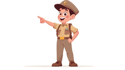 Young Boy in Scout Uniform Pointing on White Background Vector Illustration