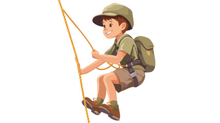 Brave Boy Climbing Rope in Scout Uniform on White Background
