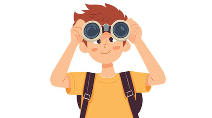 Young boy exploring with binoculars on white background