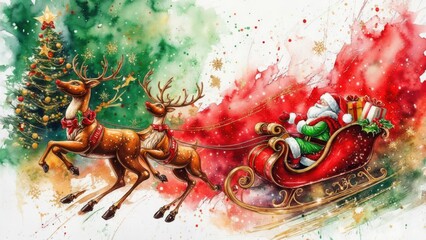 Fototapeta premium Santa Claus's sleigh with reindeer flying against a Christmas background. Concept of New Year's holiday