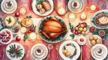 Fototapeta premium Overhead view of a festive Christmas dinner table set with a roasted turkey, plates, and decorations. Abundance and celebration atmosphere