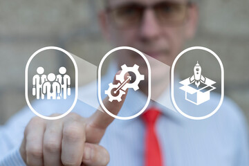 Business person using virtual touch screen push scalable gears icon symbolizing: SCALABILITY....