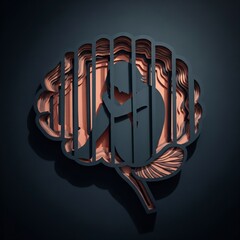 A metaphor for being a prisoner of one's own mind: a person sits trapped inside an intricate cage, isolated in darkness
