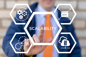 Business person using virtual touch screen push the text: SCALABILITY. Scalable Upgrade Software Hardware Web Service Business Concept. Scalability Adaptability Business Company Management.