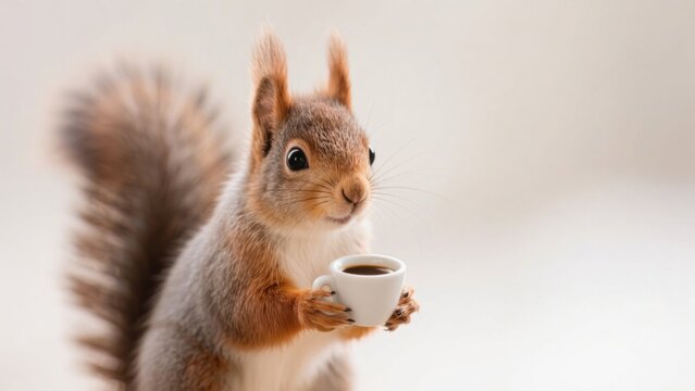 Adorable squirrel holding a tiny cup of coffee with a curious expression, captured in a charming studio shot, ideal for animal lovers and coffee enthusiasts alike .