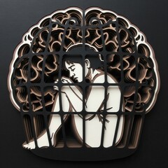 A metaphor for being a prisoner of one's own mind: a person sits trapped inside an intricate cage, isolated in darkness
