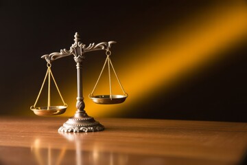 Elegant balance scales on wooden table with warm light highlighting legal symbolism and justice