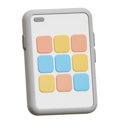 3D phone mockup with orange, blue and yellow squares. Use for app design presentation and digital marketing.