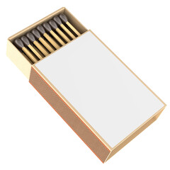 Open matchbox with brown matches and blank transparent label on the box. 3D rendering isolated on transparent background