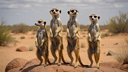 A vigilant group of meerkats stands guard on a rocky outcrop in the arid desert landscape, alert and watchful