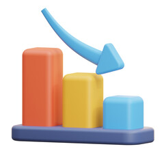 Colorful 3D bar graph with a blue downward arrow. Shows negative growth. Use for financial reports, presentations, and websites.