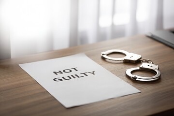 Handcuffs and not guilty statement on wooden desk with natural light illuminating scene