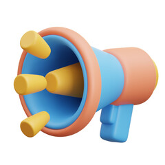 Cheerful 3D rendering of blue, orange, and yellow megaphone. Great for marketing and social media.