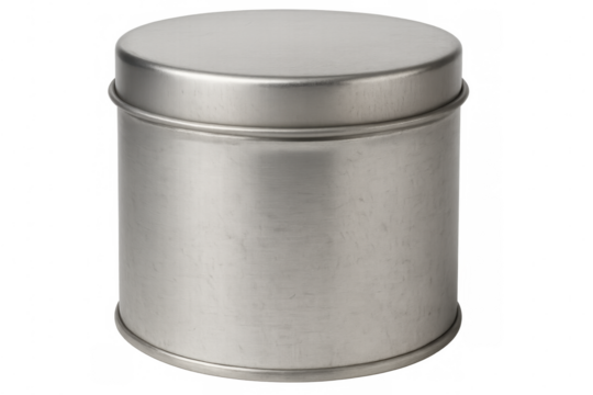 Metal storage container sealing dry ingredients, positioned vertically against transparent surface