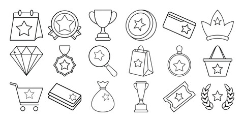 Collection of outline icons representing rewards achievements and shopping elements isolated on white background