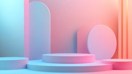 Pastel Podium Display: Geometric Shapes in Soft Pink and Blue Gradient Lighting