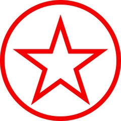 Bold red five pointed star shape inside a red circle isolated on transparent background