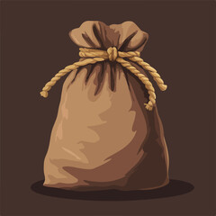 Brown Sack Closed with Rope Flat Vector Illustration
