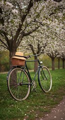 Fototapeta premium Old bicycle near blossoming tree with straw hat 