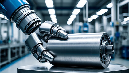 Powerful Robotic Arm Gripping Metal Cylinder in Cleanroom
