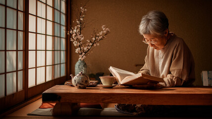 高齢の女性が窓辺で読書に耽る