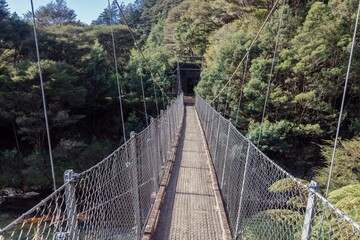 Suspension bridge over a lush green valley in Karangahake Gorge, at The Crown Mines, Karangahake,...