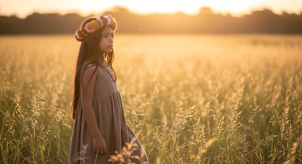  Indigenous girl walking in tall grass with flower crown
