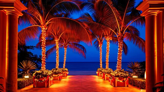 Poolside Christmas party at sunset with drinks, gifts, illuminated trees, palm trees, mountain views, lounge chairs, and decorative string lights