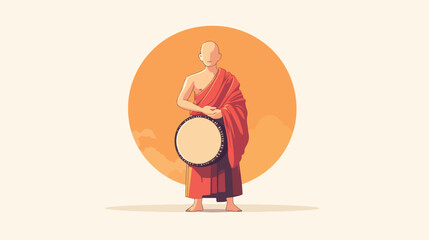 Buddhist Monk with Drum Flat Vector Illustration