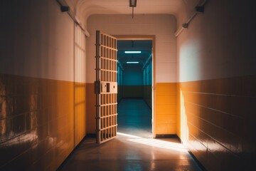 Open prison cell door revealing empty corridor with yellow and white walls and bright lighting