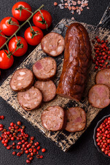 Homemade meat or vegan sausage grilled with spices. Homemade sausage cooked on barbecue