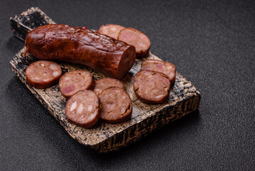 Homemade meat or vegan sausage grilled with spices. Homemade sausage cooked on barbecue
