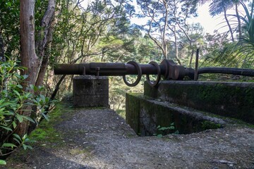 An old, rusted water pipe sits on concrete supports in The Crown Mines, Karangahake, Coromandel...