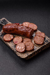Homemade meat or vegan sausage grilled with spices. Homemade sausage cooked on barbecue