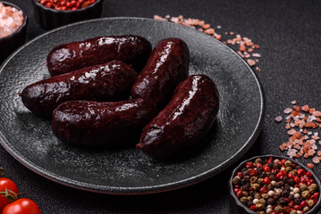 Blood sausage, pudding, meat food with lard and spices. Blood sausage