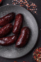 Blood sausage, pudding, meat food with lard and spices. Blood sausage