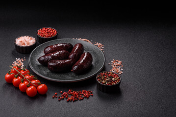 Blood sausage, pudding, meat food with lard and spices. Blood sausage