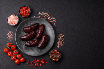 Blood sausage, pudding, meat food with lard and spices. Blood sausage