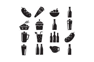 Collection of black and white icons featuring food and drink items