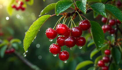 Fresh Red Cherries on Branch with Raindrops After Rain