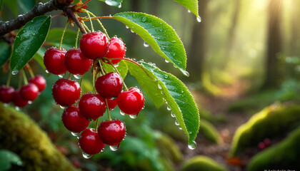 Vibrant Red Cherries on Branch with Water Drops in Lush Forest