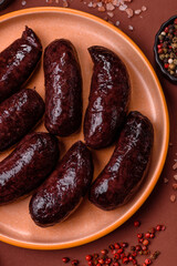 Blood sausage, pudding, meat food with lard and spices. Blood sausage